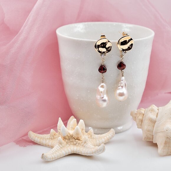 Baroque Pearl & Garnet Earrings, 14K Gold Filled CZ Hammered Studs - Picture 7 of 9